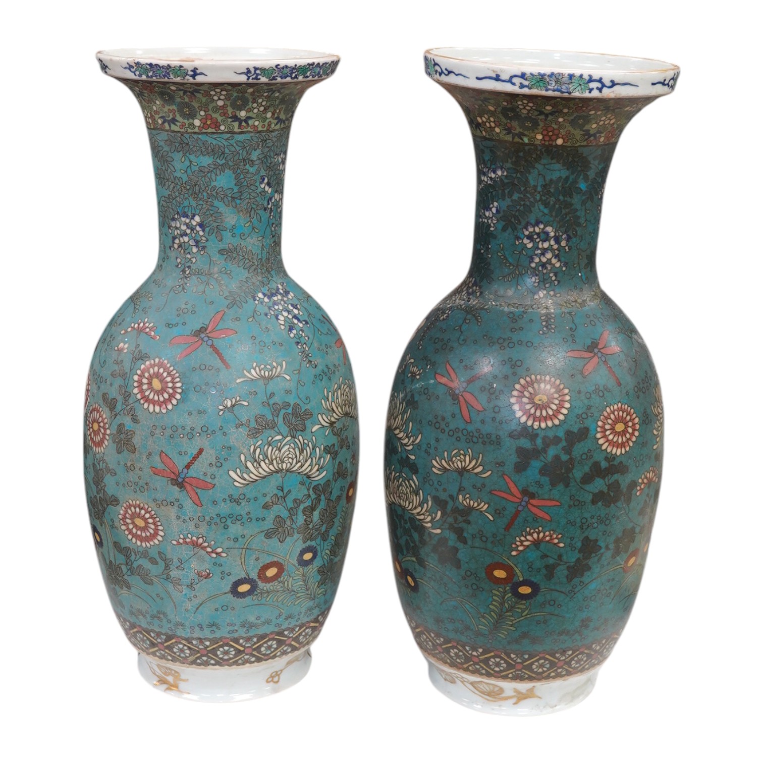 A pair of Japanese ceramic cloisonné baluster vases, Meiji period, signed, 40cm. Condition - poor to fair